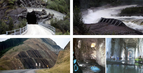 Figure 1 – Examples of geostructures: road and ramp; tunnel, hydroelectric dam, road embankment, rock chamber for storage.